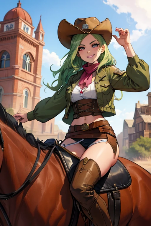 Perfect face, perfect hands. A light green haired female cowgirl with pink eyes and an hourglass figure in a conservative cowgirl outfit is riding a horse out of a  wild west town with a big smile
