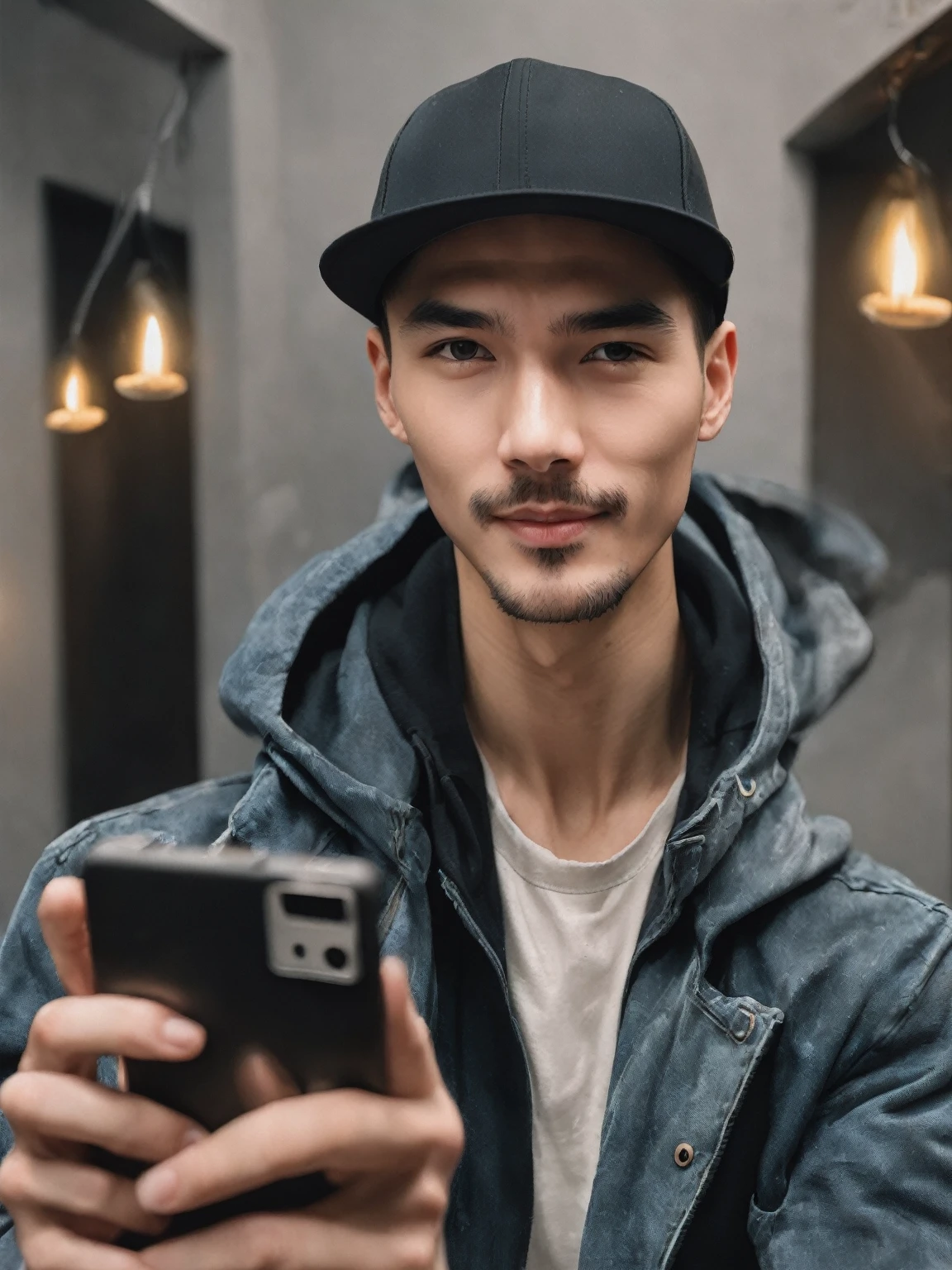 there is a man who is taking a selfie with his cell phone, about 19 years old, taken at the beginning of 2020, 23 year old, 21 years old, 22 years old, 27 years old, 28 years old, 24 years old, 29-years-old, 18 years old, headshot profile picture Wearing a hat, holding a candle, in a dark room, dramatic lighting, film composition, digitalpainting, film lighting, soft color palette, temperamental atmosphere, High definition,8K.