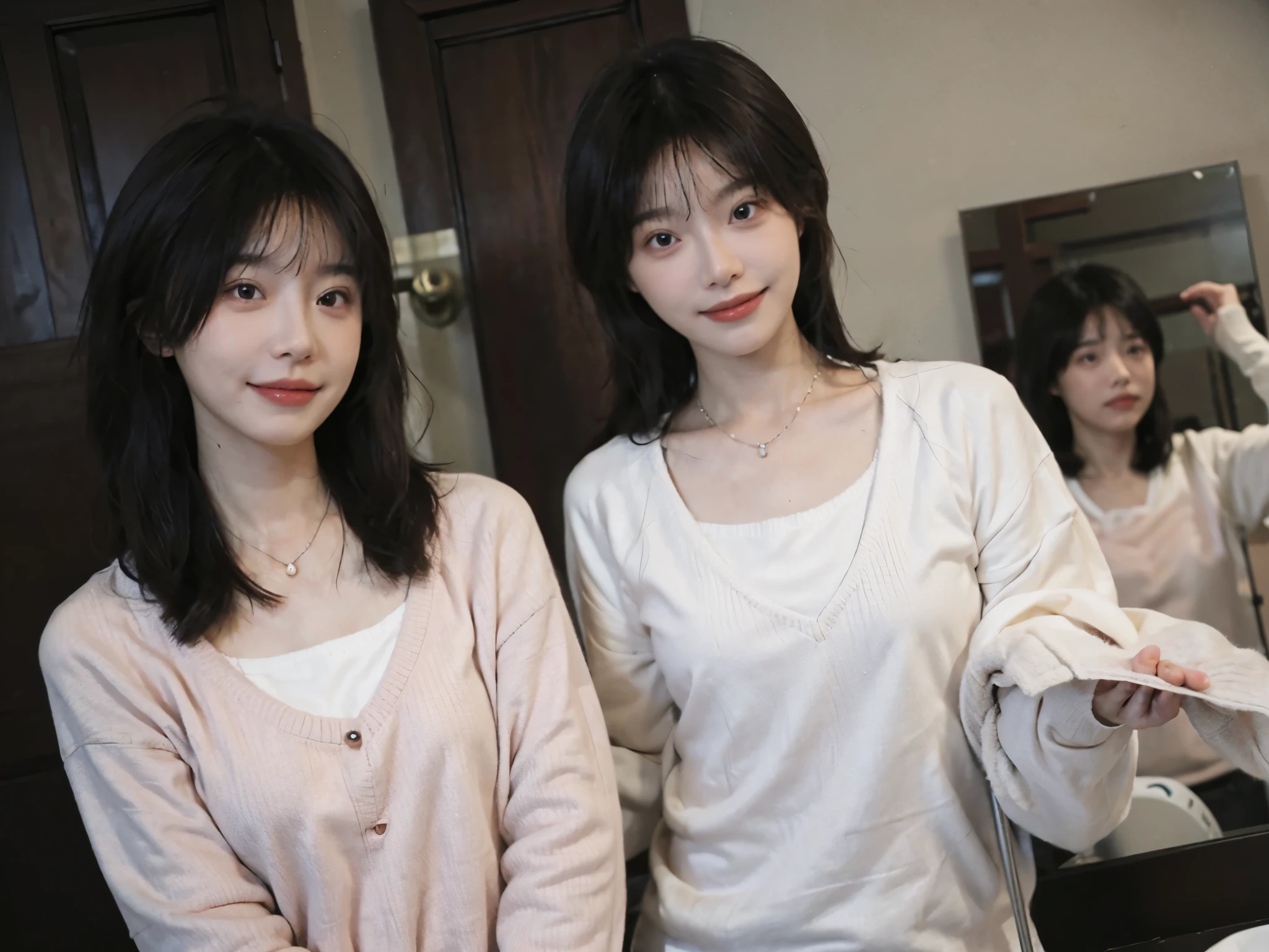 best quality， ultra high resolution， （realistically：1.4），cute hairpin，Baoyu Girl，1 girl,pink long sweater，pink long sweater ，Beautiful woman with slim figure:1.4, abdominal muscles:1.1, (a brown haired one, Medium chest:1.3), pink long sweater, bathroom,Super thin face，exquisite eyes，double eyelids，Smile，necklace