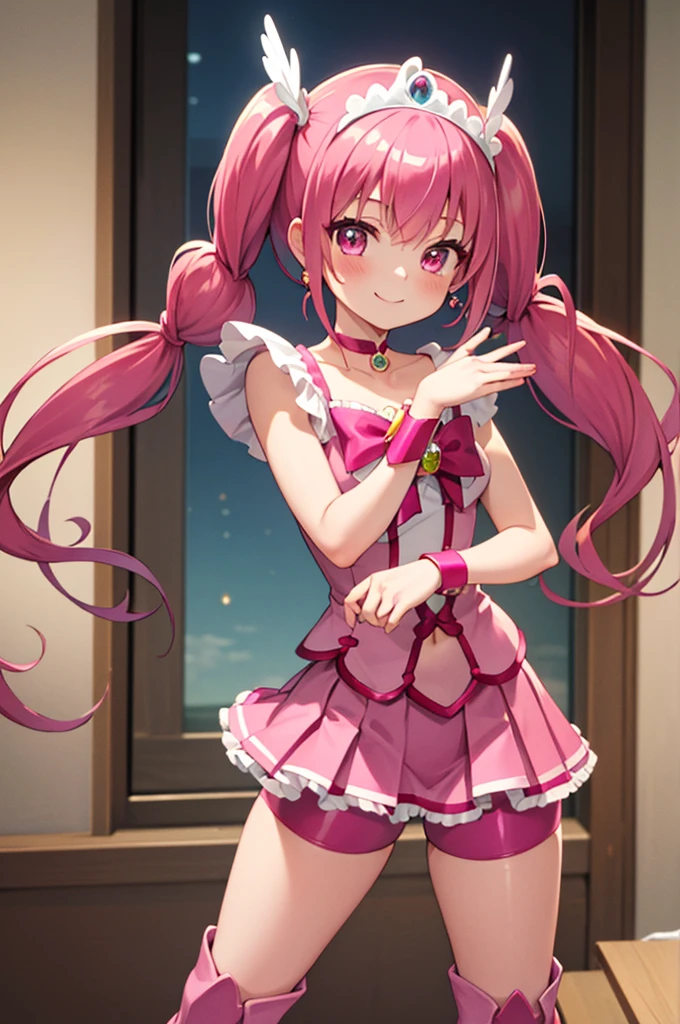 (masterpiece), highest quality, High resolution, Very detailed, Detailed Background, Cinema Lighting, Super detailed, anime, One Girl, alone, Cure happiness, Pink Hair, (Large curls and low twin tails), Feather hair ornament, skirt. tiara, Wrist cuff, (Pink shorts), Pink shorts under skirt, boots, Smile, (Shiny fabric), Cowboy Shot, Pink Gemstones, Are standing, blush, (Beautiful fine details), Very detailedな顔, Perfect lighting, Very detailedなCG, (Perfect hands, Perfect Anatomy), Shiny material, Pink ribbon, jewelry, Latex gloss, Dynamic pose.