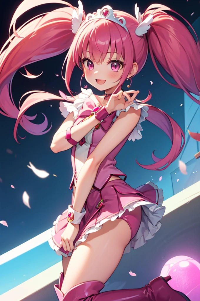 (masterpiece), highest quality, High resolution, Very detailed, Detailed Background, Cinema Lighting, Super detailed, anime, One Girl, alone, Cure happiness, Pink Hair, (Large curls and low twin tails), Feather hair ornament, skirt. tiara, Wrist cuff, (Pink shorts), Pink shorts under skirt, boots, Smile, (Shiny fabric), Cowboy Shot, Pink Gemstones, Are standing, blush, (Beautiful fine details), Very detailedな顔, Perfect lighting, Very detailedなCG, (Perfect hands, Perfect Anatomy), Shiny material, Pink ribbon, jewelry, Latex gloss, Dynamic pose.