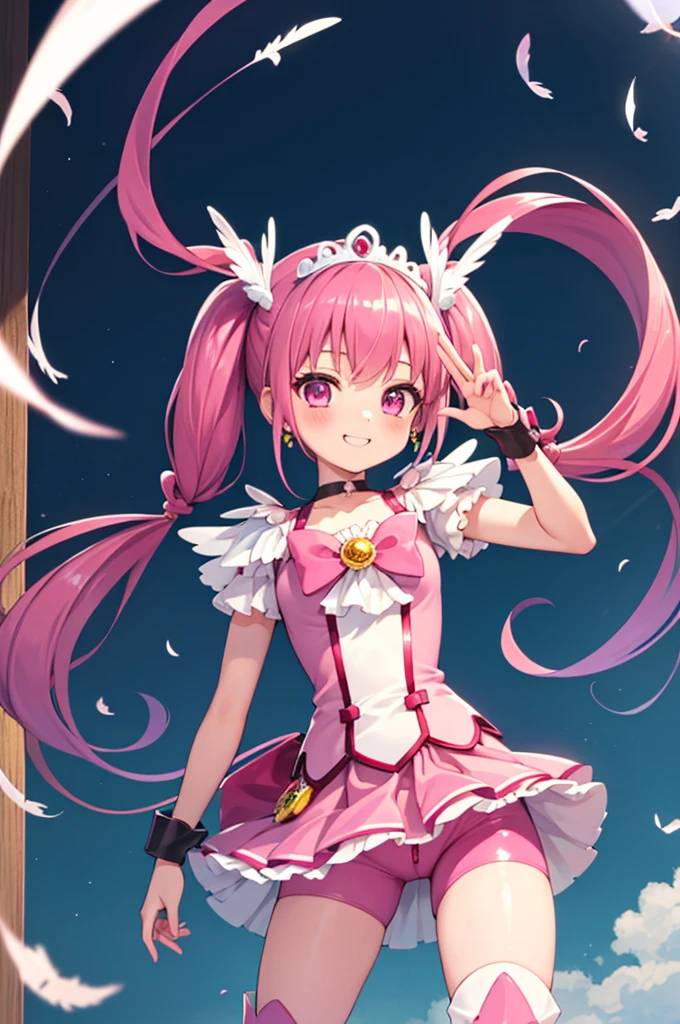 (masterpiece), highest quality, High resolution, Very detailed, Detailed Background, Cinema Lighting, Super detailed, anime, One Girl, alone, Cure happiness, Pink Hair, (Large curls and low twin tails), Feather hair ornament, skirt. tiara, Wrist cuff, (Pink shorts), Pink shorts under skirt, boots, Smile, (Shiny fabric), Cowboy Shot, Pink Gemstones, Are standing, blush, (Beautiful fine details), Very detailedな顔, Perfect lighting, Very detailedなCG, (Perfect hands, Perfect Anatomy), Shiny material, Pink ribbon, jewelry, Latex gloss, Dynamic pose.