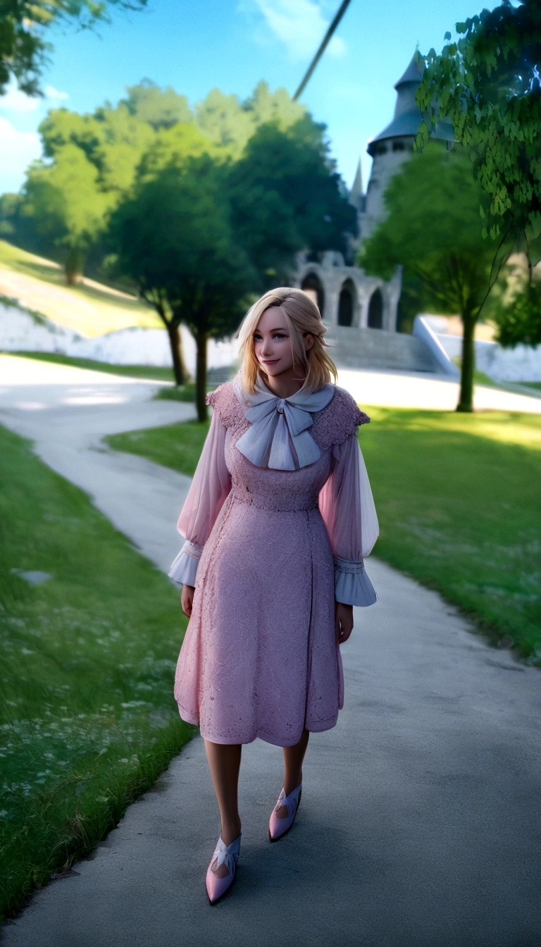 Master professional photography, Beautiful woman smiling and happy in pink dress,blondie hair, black eyes too, looking straight ahead,  extreme textures and details, full body portrait shot, background of a forest with castle, 