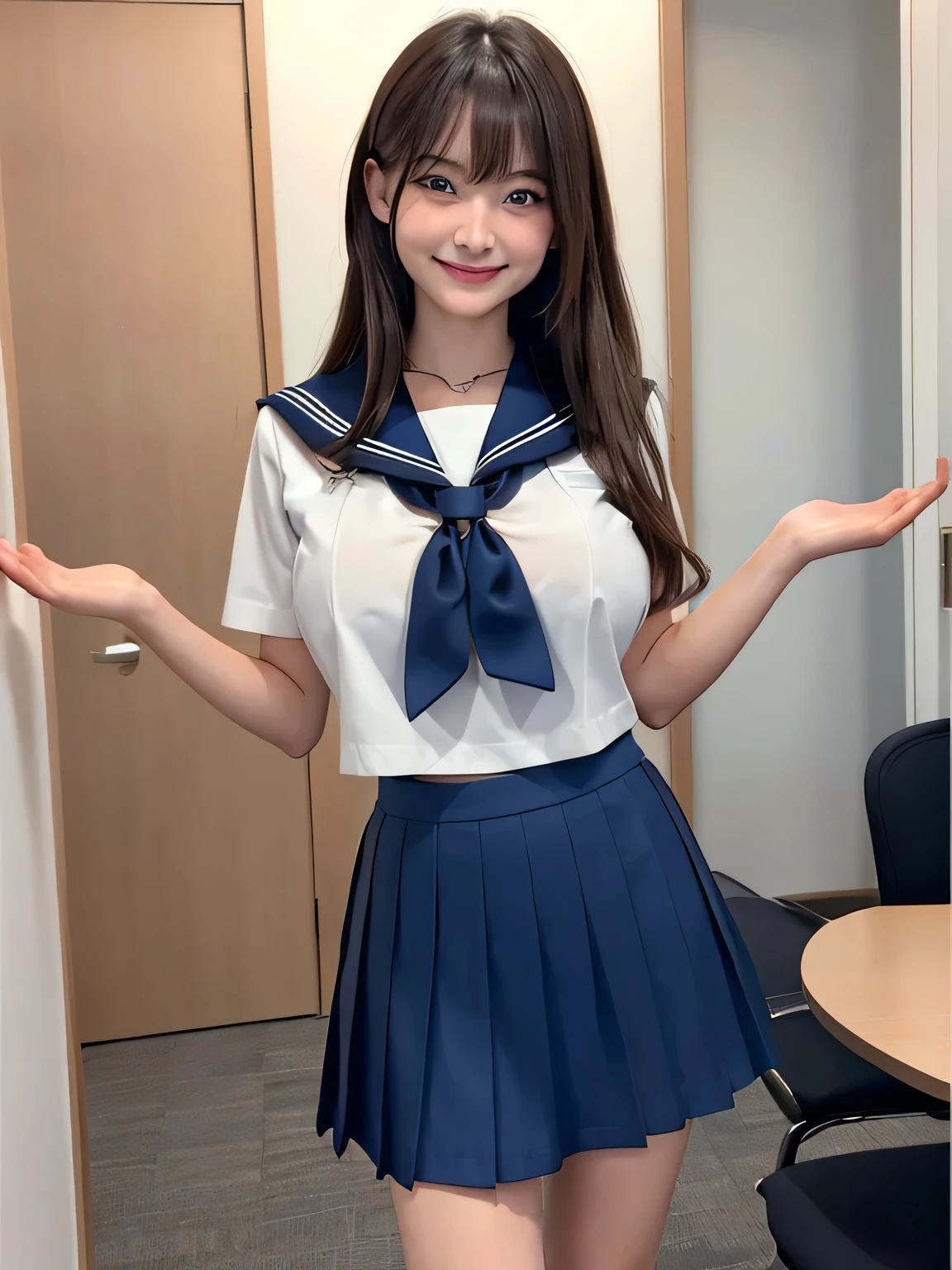 100 Girls,Crowded, Long Hair, Brown Hair, sexly, A row of girls, Girls standing in alignment, Girls only, Sisters, ((uniform、Sailor suit、Dark blue mini skirt))，Full body photo:1.9， adorable， smile， ((Slim face, Slim body))， Short Brown Hair， 32k, masterpiece， Best image quality，Ultra-high resolution，Perfect hands，Black Choker、blue eyes、bangs、Very numerous and very long eyelashes, Lots of girls、 Dependents, Fully booked, Big Breasts、Beautiful girls in uniform、Big Breasts、huge breast bulge、Alignment、Stand up straight、conference room、Small room