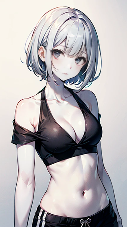 AkiyamaYukari,Takeda Saori,
One Woman,
(Silver Hair:1.5),
(Short Hair,)Bobcut,
Late 30s,Natural skin texture,Narrow waist,Thin type,
(White Skin:1.9),low length,Japanese Girl,,
Black Eyes,Small breasts,Belly button,
((((Black cleavage-revealing shirt)))),
(((Jersey pants))),
((V-shaped bikini pants)),
(Black corset:1.1),
((ID photo:1.8,Plain background:1.6,Capture your subject from the front)),
expression(Straight face),upright posture,
Natural depiction,
Beautiful depiction,
Shiny eyes,
Healthy Body,
Natural hairstyle,
Natural body contours,
Natural facial contours,
(Five fingers)Absolute depiction,Symmetrical fingers,
Two arms,
Two legs,
Sharp eyelid depiction,
Symmetrical eyes,Symmetrical eyes,
Keep the subject in the center,Expand the upper body,
Beautiful image quality,
Delicate shades,
4K,Very detailed,
Delicate light adjustment,
Delicate contour drawing,