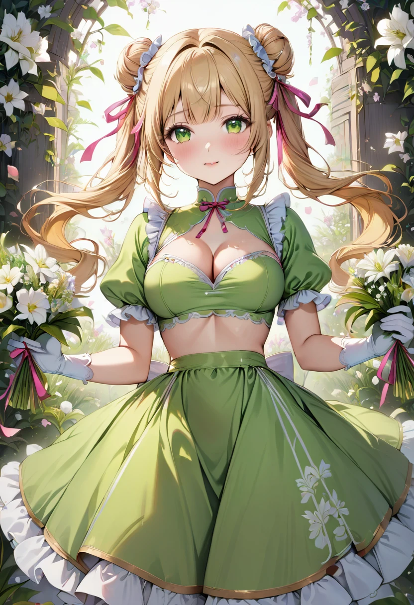 20 years old,1 girl,hyperrealistic, 8k, (extremely detailed 8k), (very delicate and beautiful), (masterpiece), (better quality:1.0), (ultra high resolution:1.0), (masterpiece, best quality), cute,blonde,cleavage cutout,(broen dress:1.3),(crop top navel:1),gleaming skin,twintails,twin bun,a pink ribbon on the head,long hair,pastel green frill Chinese-made dress,white long gloves,hold a bouquet of flowers,from the front,a bunch of flowers,POV,bust shot,white frill,puffy sleeves,surrounded by flowers,cry for joy