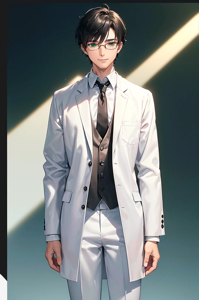 (masterpiece; best quality: 1.2), (finely detailed eyes: 1.3), ((25 year old man)), ((solo)), (green eyes: 1.4), (body; lean, toned, masculine: 1.3), (very short black hair: 1.3), (beautiful and clear background: 1.2), ((depth of field)), (equipment: white open labcoat + black shirt + white necktie + white pants + black square glasses: 1.3), (anime illustration: 1.2), (background composition; japanese highschool classroom + furniture: 1.1), (extremely fine and handsome: 1.1), (shot composition; standing + centered on torso + close-up: 1.5), (expression; calm, smile: 1.2)