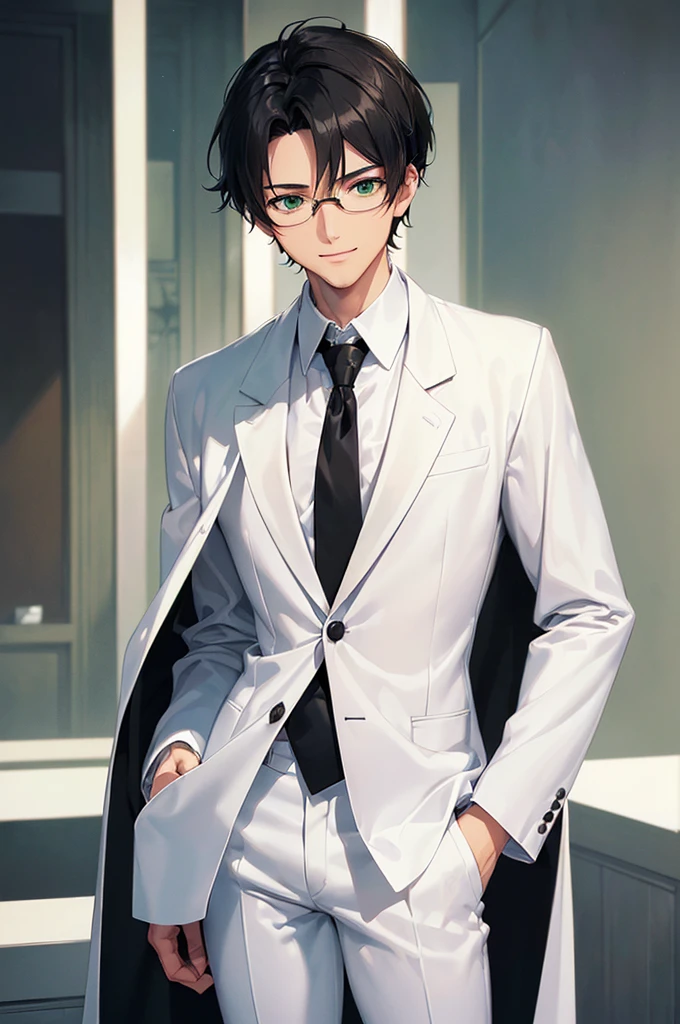 (masterpiece; best quality: 1.2), (finely detailed eyes: 1.3), ((25 year old man)), ((solo)), (green eyes: 1.4), (body; lean, lithe, masculine: 1.3), (very short black hair: 1.3), (beautiful and clear background: 1.2), ((depth of field)), (equipment: white open labcoat + black shirt + white tie + white pants + black square glasses: 1.3), (anime illustration: 1.2), (background composition; japanese highschool classroom + furniture: 1.1), (extremely fine and handsome: 1.1), (shot composition; standing + centered on torso + close-up: 1.5), (expression; calm, smile: 1.2)