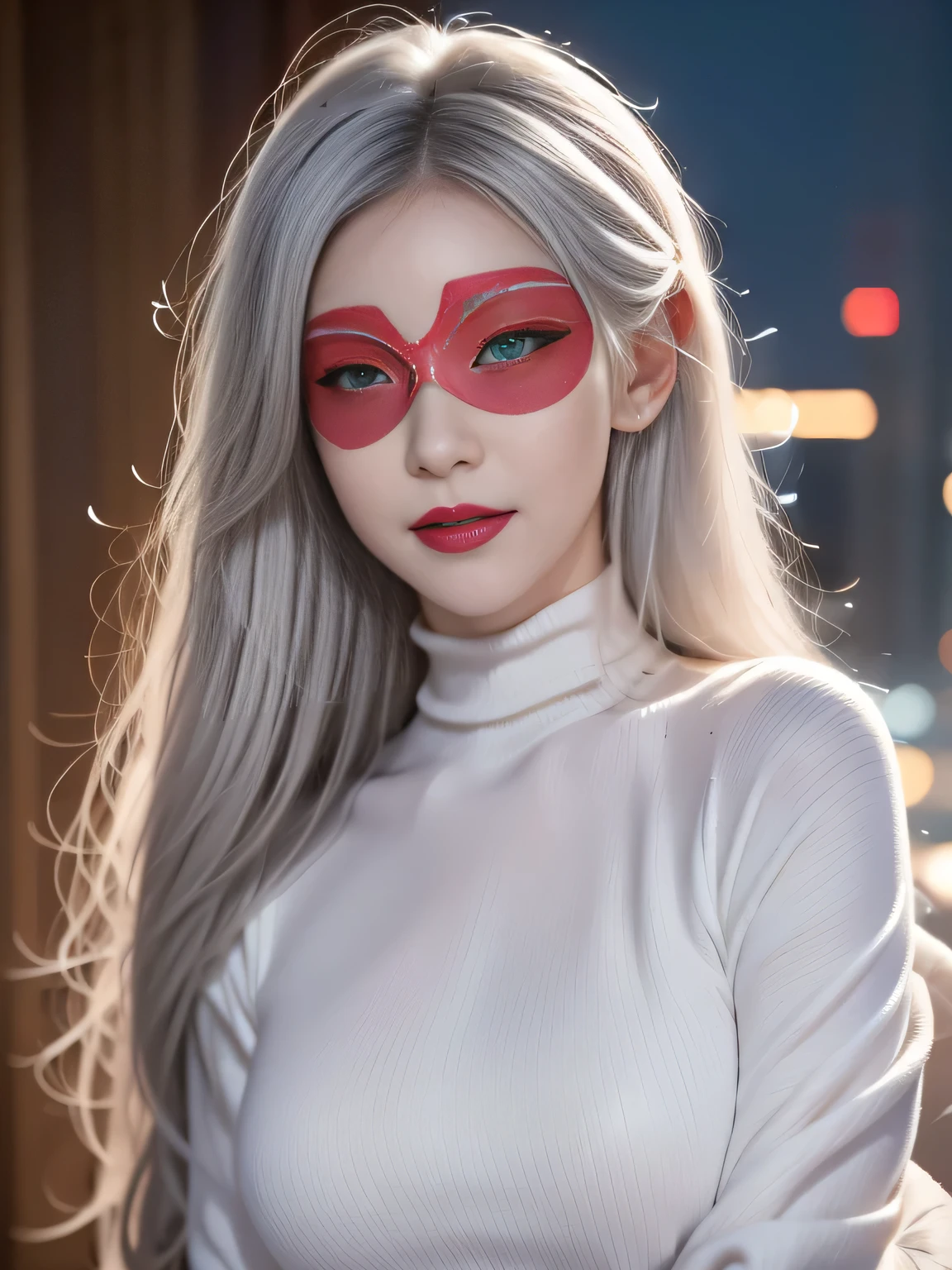 1 Girl, (Solitary), Anime girl with white hair and red eyes, White hair girl, girl in white turtleneck sweater, ((Eye mask)), Pointed ears, ((vampire)), giggle, smug, Shut up, Cowboy shooting, Perfect white-haired girl, White-haired deity, Digital Cyberpunk Anime Art, turtleneck sweater, lens flare, ((Dramatic Lighting)), Soft and shiny red eyes, Extremely detailed, masterpiece, Looking at the audience, City background, (night)