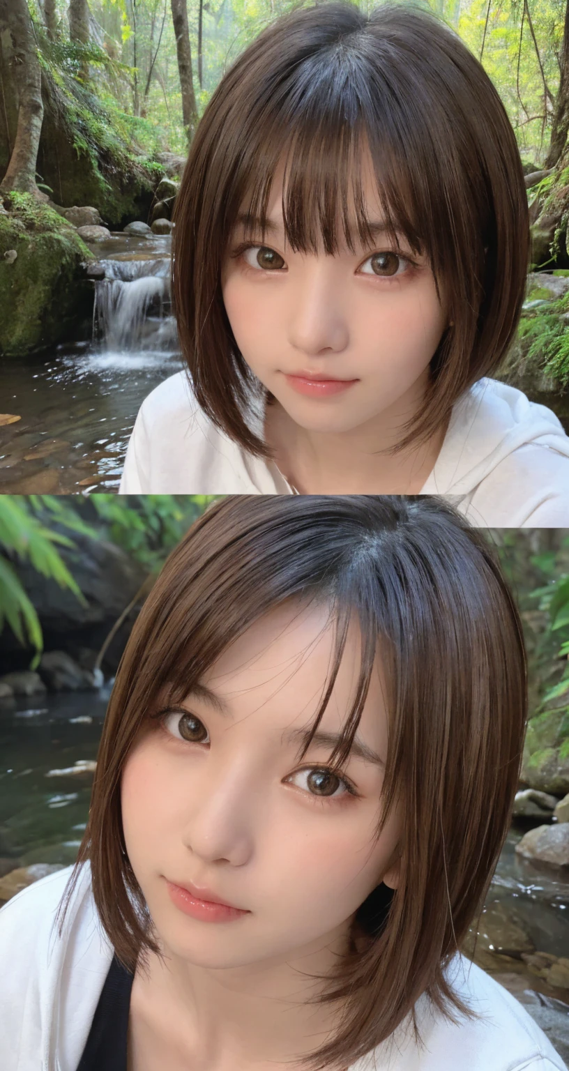 one girl, (a beauty girl, delicate girl:1.3), (16 years old:1.3),
BREAK, (シャツ:1.2),
BREAK, (Small waterfall background:1.2),
BREAK, very fine eyes, (symmetrical eyes:1.3),
BREAK, (big breasts:1.1), brown eyes, parted bangs, brown bobcut hair, round face, kawaii,
BREAK, (eyes and faces with detailed:1.0),
BREAK, (masterpiece, best quality, ultra detailed, detailed face, 8K)