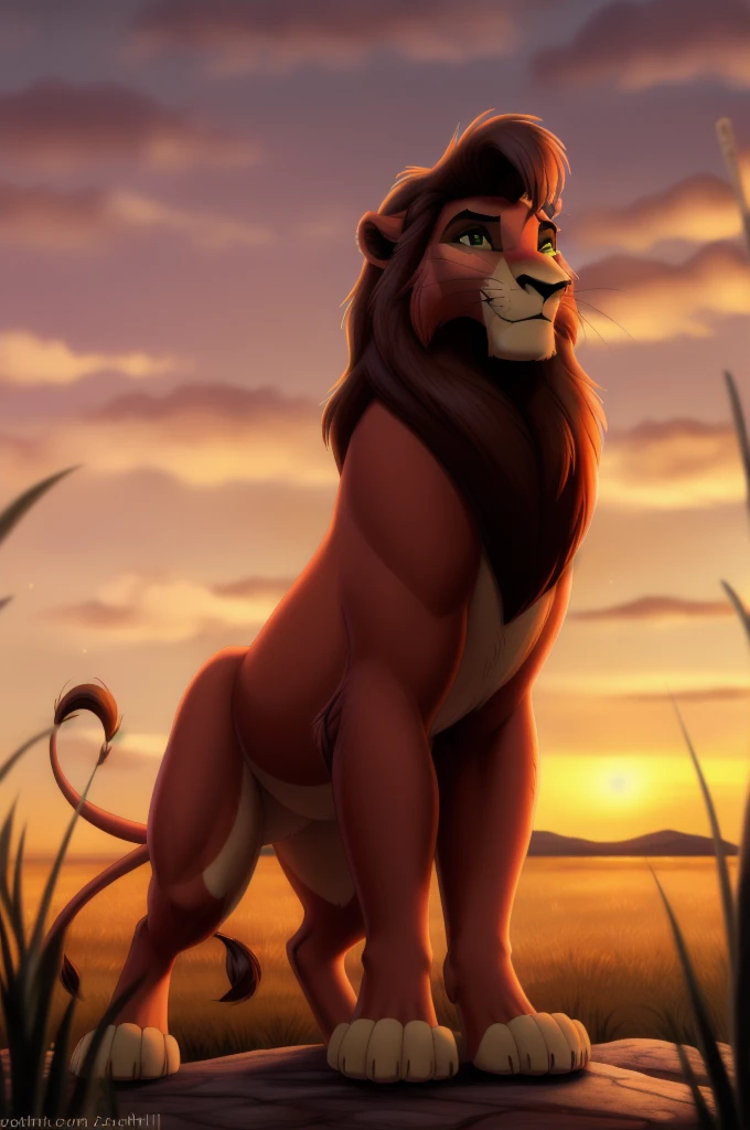 kovu, yellow sclera, green eyes, (pose:1.3), (posing:1.3), (soft shading), 4k, hi res, five fingers, detailed hands, ((detailed face, (detailed eyes:1.3), detailed)), (full body), by zackarry911, by zaush, (by personalami:0.5), solo, outdoors, sky, glowing, fangs, grass, claws, sunset, whiskers, feral