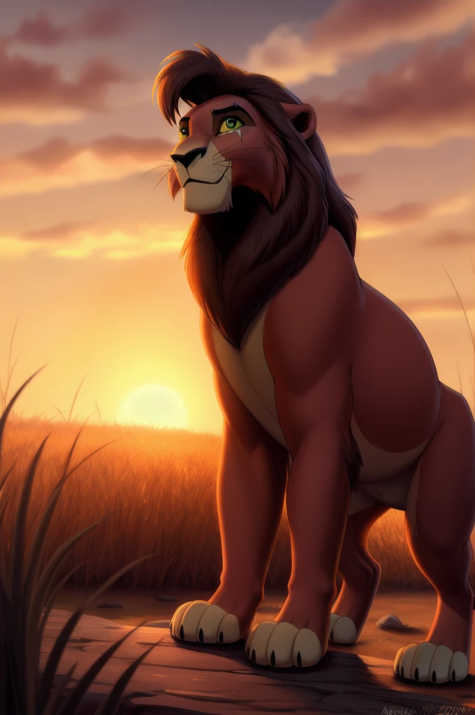 kovu, yellow sclera, green eyes, (pose:1.3), (posing:1.3), (soft shading), 4k, hi res, five fingers, detailed hands, ((detailed face, (detailed eyes:1.3), detailed)), (full body), by zackarry911, by zaush, (by personalami:0.5), solo, outdoors, sky, glowing, fangs, grass, claws, sunset, whiskers, feral