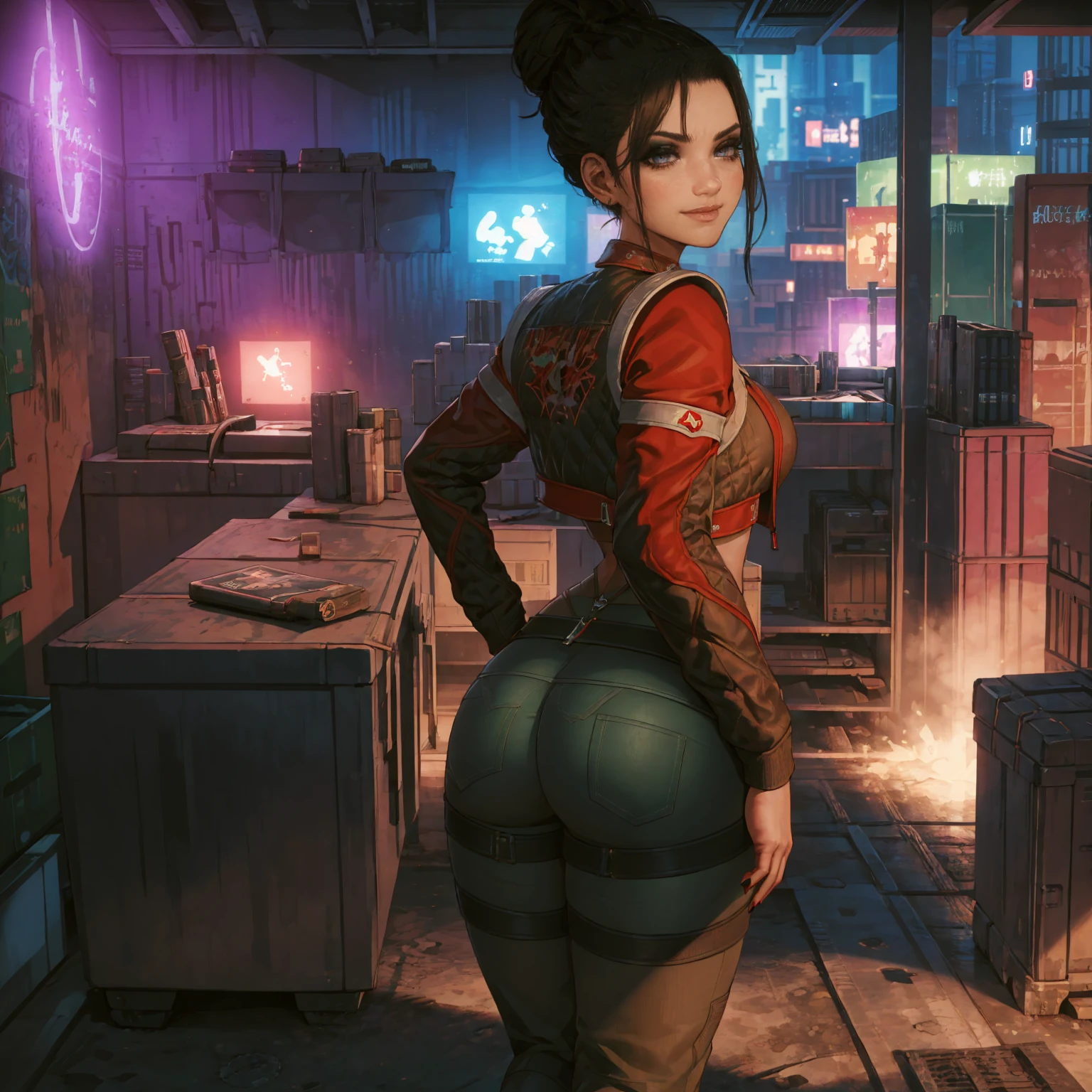 talojipanam, ((brown hair, hair bun, glowing black eyes, lipstick, makeup, narrow waist, skinny, medium breasts, alone, jewelry, earrings)), pelvic curtain, ((green panties, green bra, red jacket)), full body, perfect body, (insanely detailed, beautiful detailed face, masterpiece, best quality) , (((solo))), (((1girl))), (((mature))), (extremely detailed 8k paper CG wall unit: 1.1), (cyberpunk, bedroom cyberpunk, night, neon), (smile face for the viewer), big ass, from back, behind