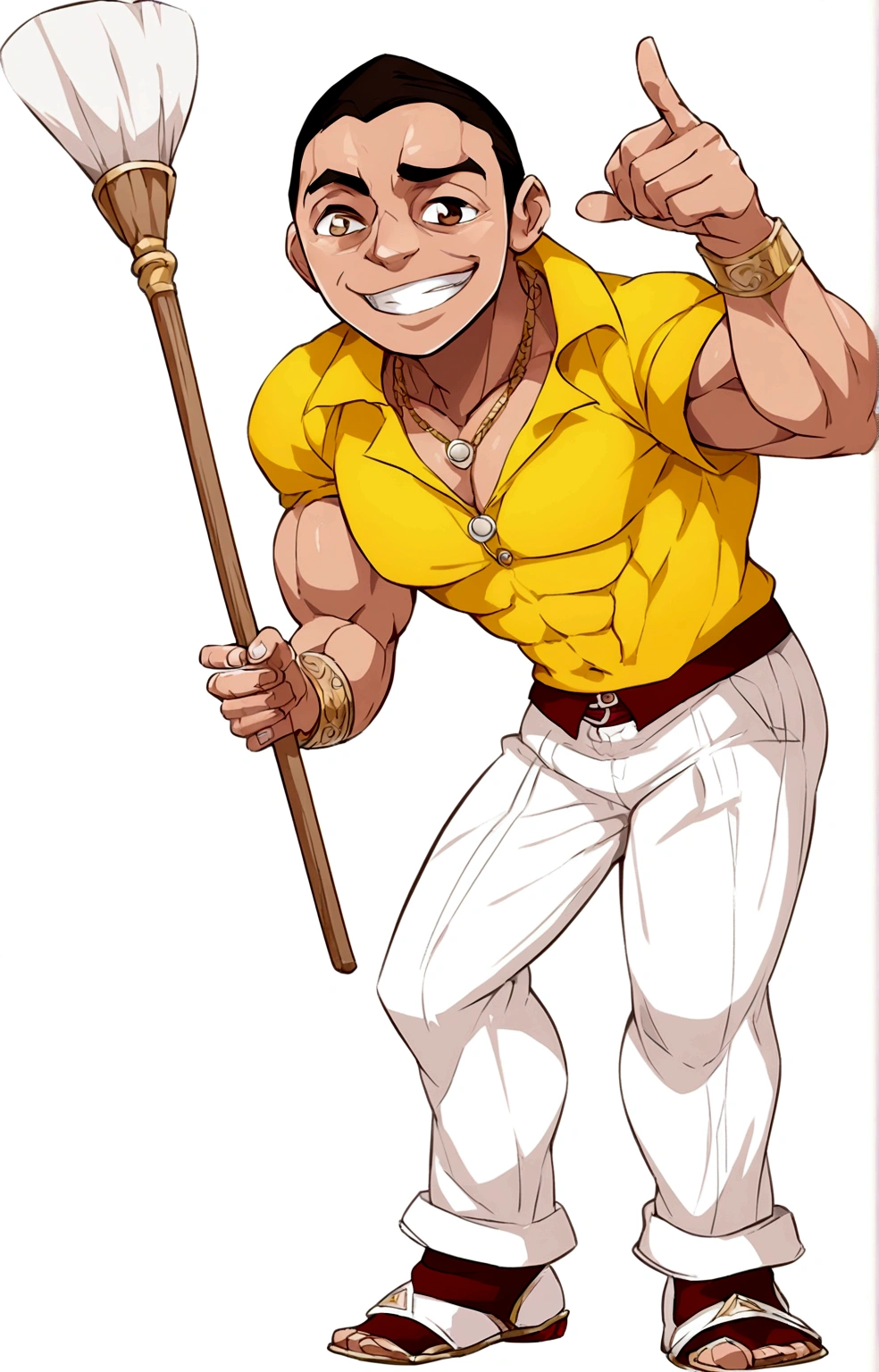 use image, (muscular), brave face, (holding a wooden stick) 
