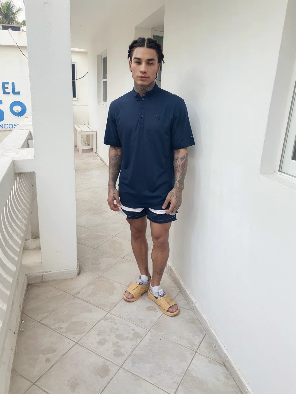 Young man with muscular tattoos with braids