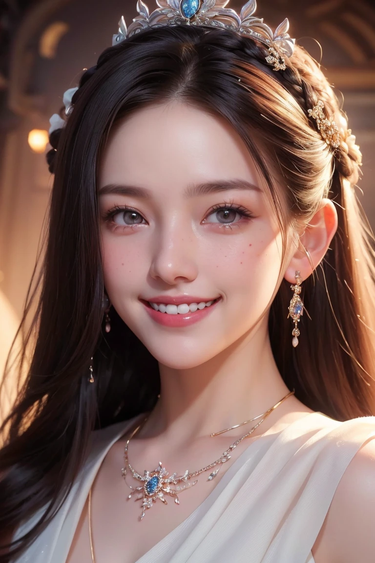 portrait of a beautiful 20 year old holy woman, wearing a thin multicolored silk dress, a beautiful face without blemish, without freckles and moles on her face, (((beautiful smile:1.4))), ((7 color long hair:1.2)), big crown, hair brooch, hanfu dress, chinese ancient style, full body jewelry, forehead tattoo: (very even and red lips, face full of details, face 1.8) the goddess' skin is smooth white, rosy, cinematic, light and dark, dramatic light, magical light, extremely detailed light, true color, super sharp, realistic, 8k quality, fantasy universe background, saint and magical space, the most detailed image,