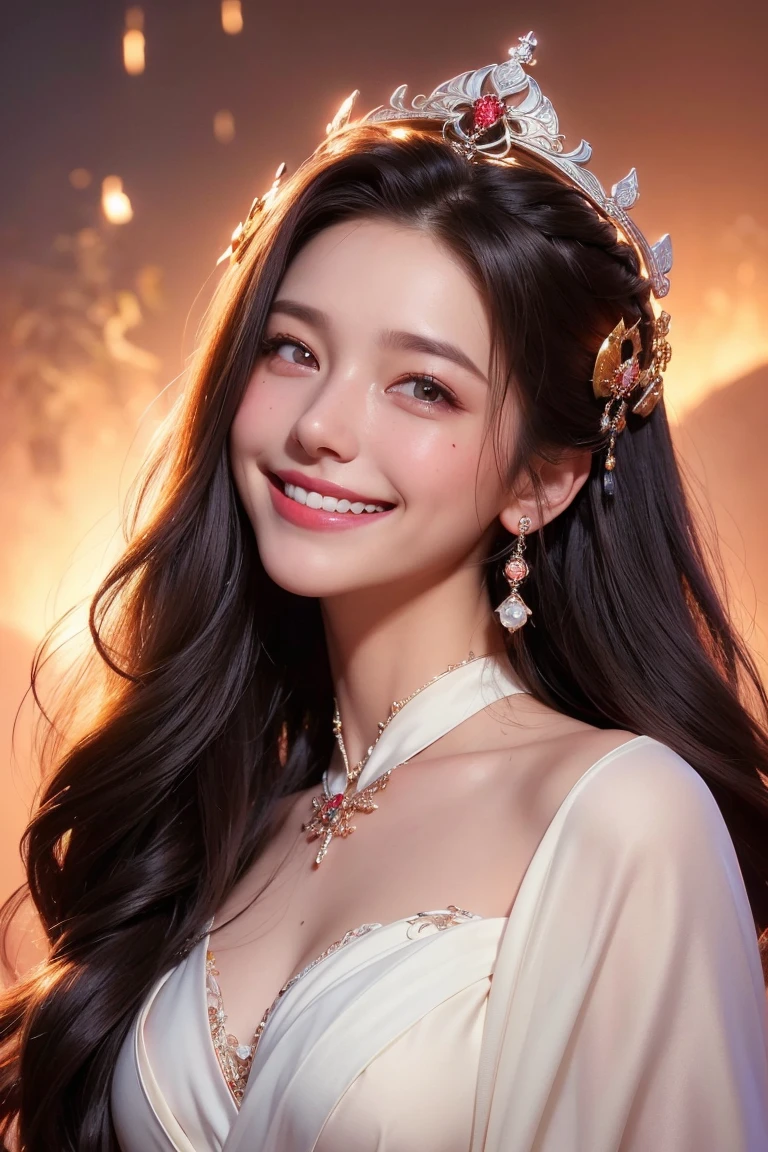 portrait of a beautiful 20 year old holy woman, wearing a thin multicolored silk dress, a beautiful face without blemish, without freckles and moles on her face, (((beautiful smile:1.4))), ((7 color long hair:1.2)), big crown, hair brooch, hanfu dress, chinese ancient style, full body jewelry, forehead tattoo: (very even and red lips, face full of details, face 1.8) the goddess' skin is smooth white, rosy, cinematic, light and dark, dramatic light, magical light, extremely detailed light, true color, super sharp, realistic, 8k quality, fantasy universe background, saint and magical space, the most detailed image,