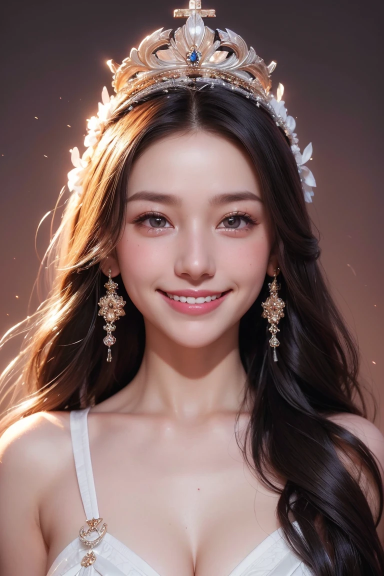 portrait of a beautiful 20 year old holy woman, wearing a thin multicolored silk dress, a beautiful face without blemish, without freckles and moles on her face, (((beautiful smile:1.4))), ((7 color long hair:1.2)), big crown, hair brooch, hanfu dress, chinese ancient style, full body jewelry, forehead tattoo: (very even and red lips, face full of details, face 1.8) the goddess' skin is smooth white, rosy, cinematic, light and dark, dramatic light, magical light, extremely detailed light, true color, super sharp, realistic, 8k quality, fantasy universe background, saint and magical space, the most detailed image,
