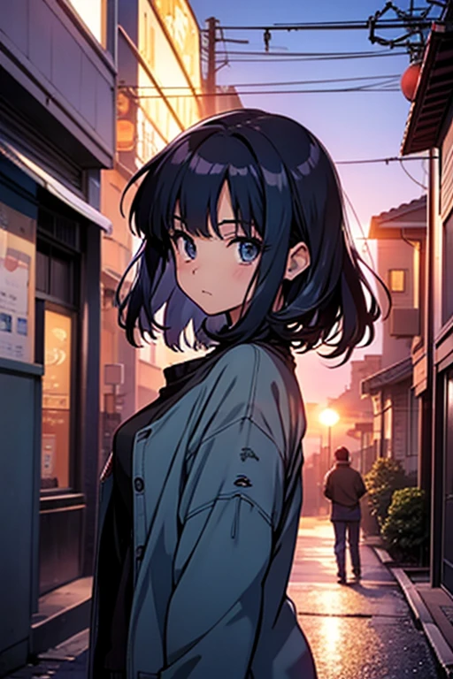 90s anime style。In a nostalgic night town、A defenseless, boyish, revealing girl。