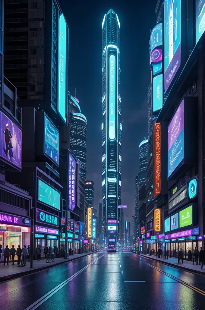 A futuristic street from the year 4995, with imposing interconnected skyscrapers. The street is filled with suspended vehicles that use magnetic levitation or anti-gravity technology and glide smoothly along designated paths. Personal transport capsules can be rented. The street is illuminated by adaptive intelligent lighting that changes color and intensity depending on the presence of pedestrians and vehicles. Neon lights and bioluminescent materials create a vibrant, otherworldly atmosphere. Holographic displays replace traditional billboards and provide dynamic, interactive information and advertisements. Pedestrians use augmented reality glasses or implants, interacting with the environment digitally. AI kiosks and robotic assistants are available on every corner, offering directions, recommendations and assistance.
