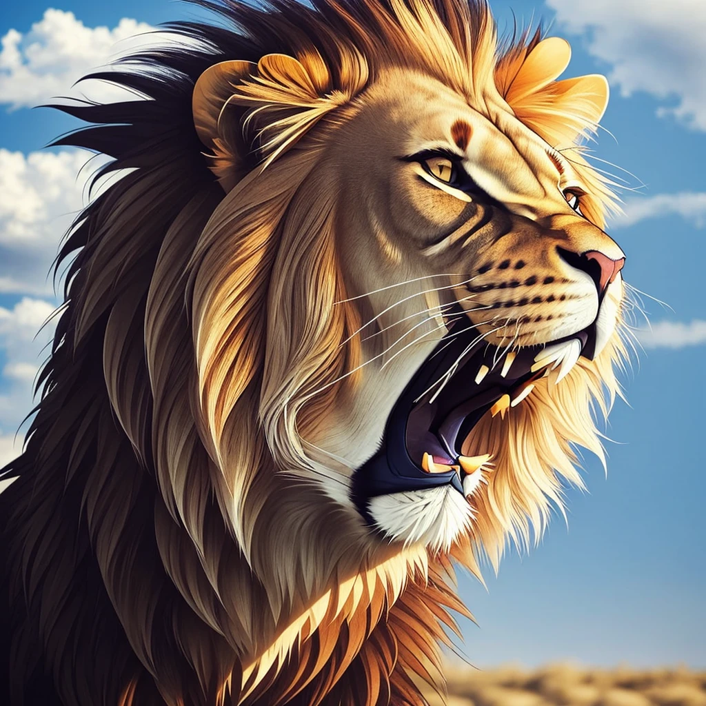 A realistic portrait of a majestic lion with his mane blowing in the wind.