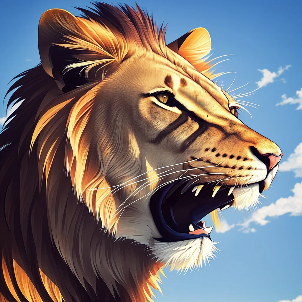 A realistic portrait of a majestic lion with his mane blowing in the wind.