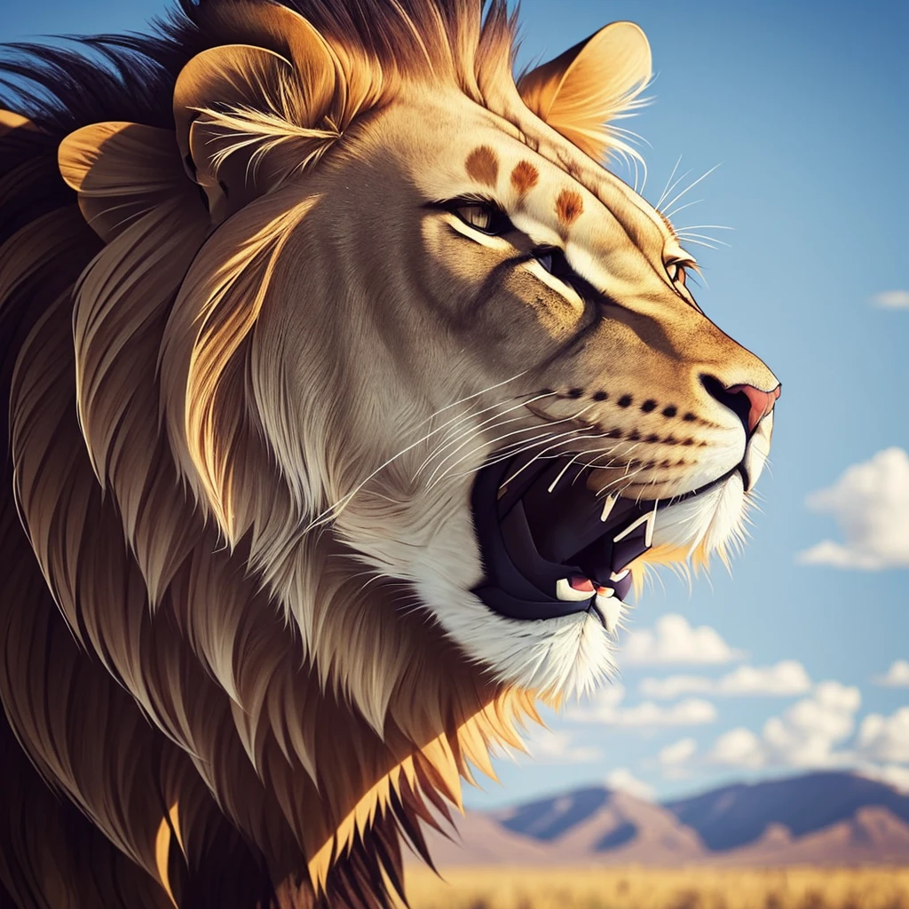 A realistic portrait of a majestic lion with his mane blowing in the wind.