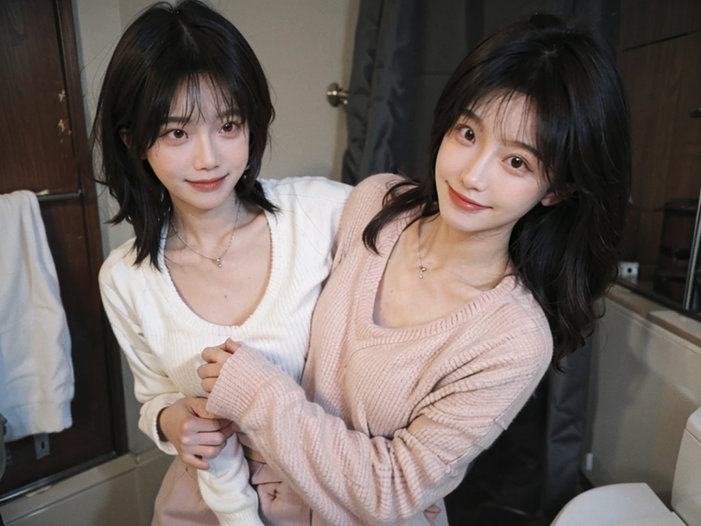 best quality, ultra high resolution, (realistically:1.4),cute hairpin,Baoyu Girl,1 girl,pink long sweater,pink long sweater ,Beautiful woman with slim figure:1.4, abdominal muscles:1.1, (a brown haired one, Medium chest:1.3), pink long sweater, bathroom,Super thin face,exquisite eyes,double eyelids,Smile,necklace