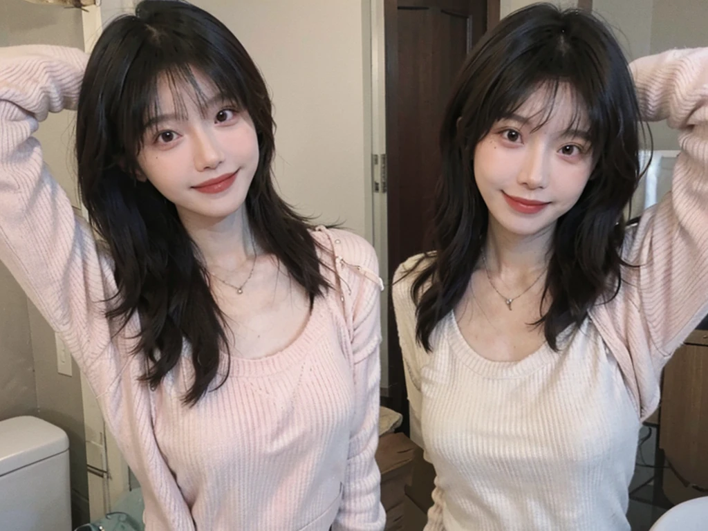best quality, ultra high resolution, (realistically:1.4),cute hairpin,Baoyu Girl,1 girl,pink long sweater,pink long sweater ,Beautiful woman with slim figure:1.4, abdominal muscles:1.1, (a brown haired one, Medium chest:1.3), pink long sweater, bathroom,Super thin face,exquisite eyes,double eyelids,Smile,necklace