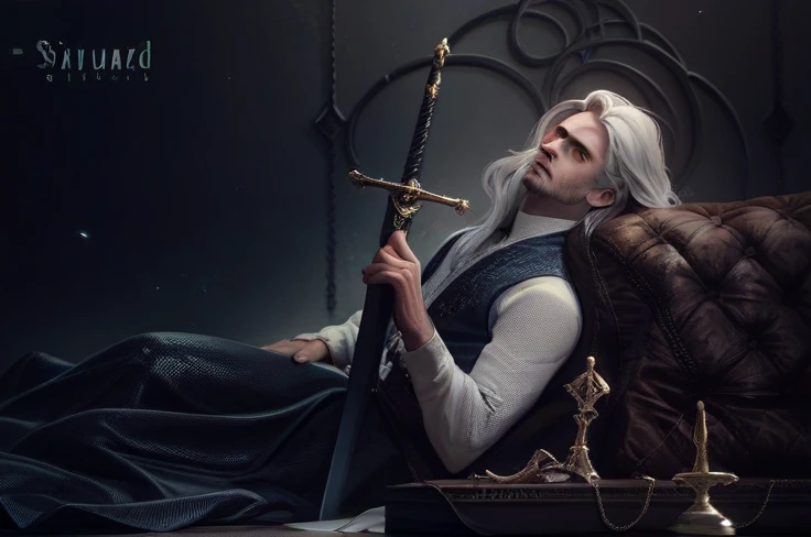 beautiful man, magnificent objects, realistic sword, silky hair, HD quality, 4K quality, digital art.