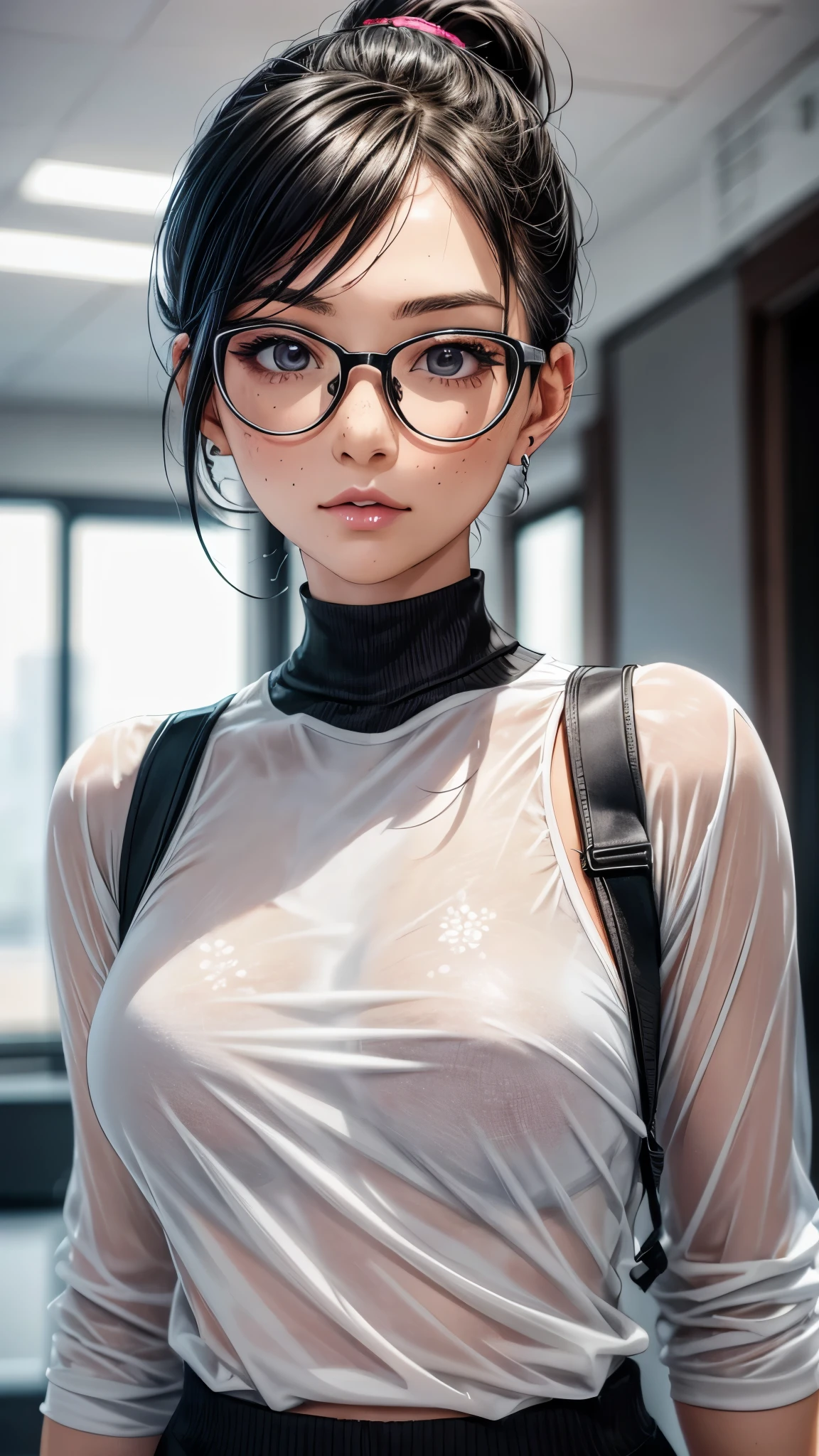 Super detailed, Highest quality, 8K, Ultra-high resolution, Black Hair, One Woman, amount, Glasses, Stiletto heels, Midnight, Slim figure ,Straight Hair, short hair, Glasses , (((Sweat, vapour))), sheer turtleneck dress, skin, Stiletto heelsサンダル, Beautiful feet, (((((blush))))), Dark room、Full body paint、Detailed face、Delicate facial features、Detailed skin、Shiny skin、(((Detailed face)))、Delicate facial features、Detailed skin、Black glossy stockings、Beautiful Face、Perfect Face、Very detailed and beautiful face and eyes、Attractive face、Top view、Respect、Nightclub, Hollow Eyes, Pink Eyes, Squint your eyes