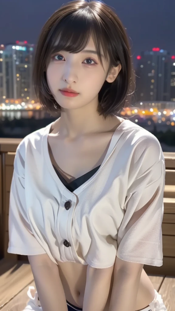(masterpiece), (Highest quality), (Highest quality), (Most detailed), (Very detailed), ((Very delicate and beautiful)), 8K, (Realistic:1.3),girl,Simple,Brown eyes,Big Breasts,Wear a large outer layer,City of night,White shirt,short hair,Beautiful night view,14 years old,RAW Photos, 1 girl,, short hair,Swimwear