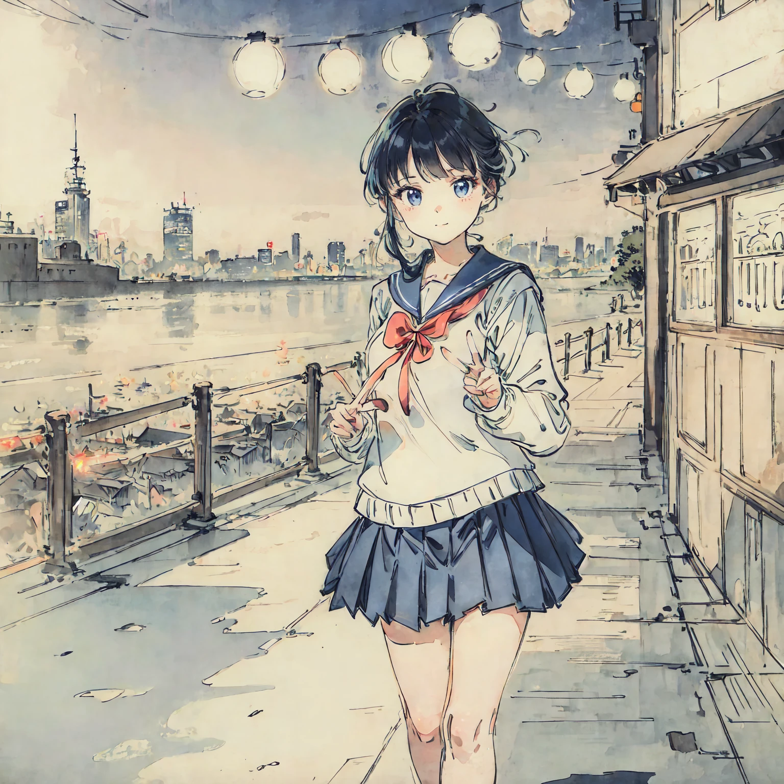 finely detailed illustration, vibrant color, best quality, masterpiece, One beautiful girl、cute、とてもcute、(Sailor suit、navy_blue long pleated skirt:1.1), Winters、purely、Neon City、nostalgic、Making a peace sign、night