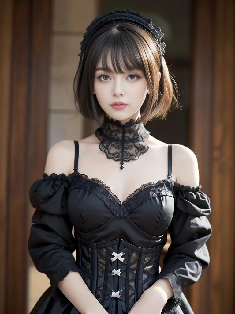 Female figure, She wears a complex visual kei gothic ta outfit.,Gothic Makeup, A perfect blend of elegance and rebellion. His outfit features a luxurious lace combination., corset, Elaborate accessories, A Victorian top hat adorns his head., Ornately decorated. dark, His flowing hair cascades down his shoulders, Add an air of mystery. Dark eyeliner makes your eyes stand out, Complete the avant-garde look. This woman is the embodiment of visual kei gothic loliIt exudes an aura of theatrical decadence., Challenging traditional fashion norms with a captivating androgynous look.,Beautiful girls,Goth,(Highest quality, Very detailed, masterpiece:1.2), 1 women, Very thin body, length, Thin legs, ((Black layered cut short hair:1.2)), ((Thick and fluffy bangs)), Very detailedな顔,A faint smile, small, Thin Nose, small thin mouth, Extremely sharply focused eyes, Japanese, Beautiful Face, Realistic eyes, Beautiful and beautiful eyes, Realistic Skin, Beautiful Skin, charm, (A vivid face),