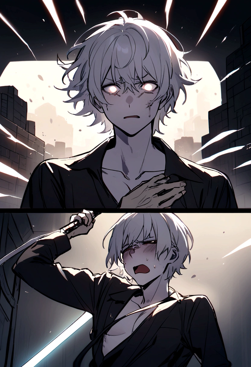 short hair boy, pale skin, white  hair, removing a sword from your chest, menino com expression of pain, expression of pain, taking a sword out of his chest