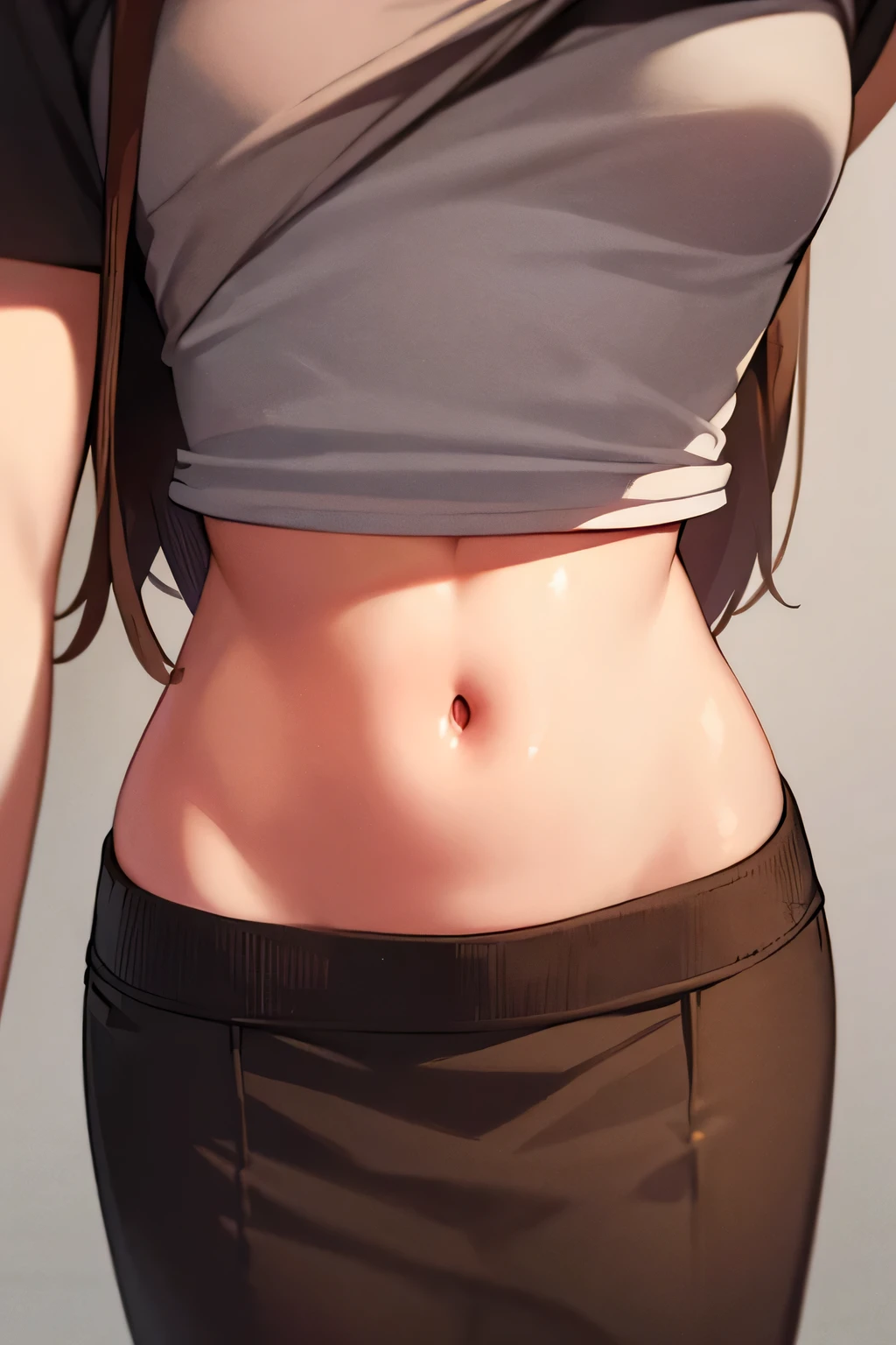 super fine illustration, vibrant colors, masterpiece, sharp focus, best quality, depth of field, cinematic lighting, ultra detailed, blush, annoyed, belly button, navel, hips, 1girl,  looking down, cropped t-shirt, short sleeves, frilled long skirt, very long hair, very messy hair, dark brown hair, mature woman, small breasts, 