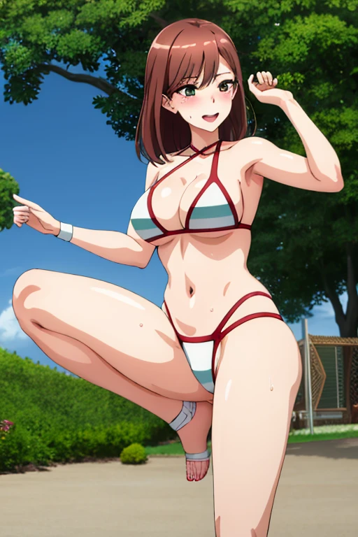 masterpiece, best quality, beautiful art, high resolution, well formed hands, body and fingers, 1 woman, solo, Marin Kitagawa, grown up, adult, large and rounded breasted, cleavage, hair ornament, wearing a Tyris Flare outfit , white_bikini, kitabikini, full body, sexy and skimpy bikini, gorgeous hips, legs and thighs bouncing breasts, doing exercise, warming up, working out, sexy and captivating training, smiling joyfully and happily , looking at the viewer, panties peek, sweating , bouncing breasts, t back thong, training montage session, beach environment