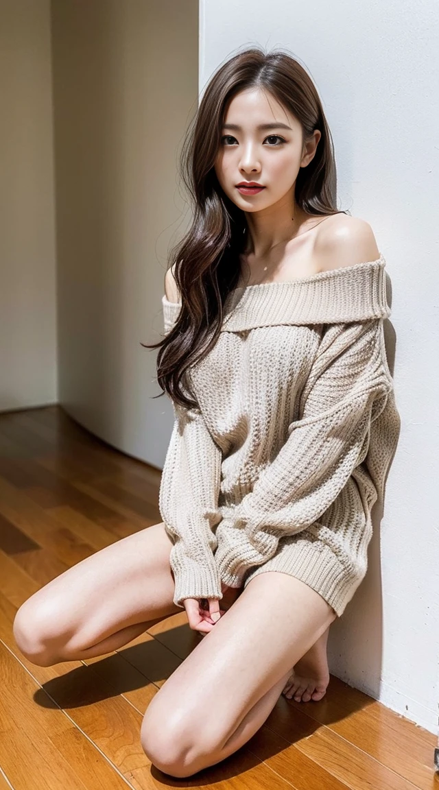 Dark brown hair、Light brown eyes、Japanese actress、 Lady、I am about 40 years old..、(Intricate details:1.2)、(Which one is on top??:1.4)、 (Ultra-high resolution:1.2)、Ultra-high resolution、(Finely tuned)、(Detailed facial features)、Hmph、8K resolution、D cup size breasts、Long Hair、Bright bathroom with sunlight shining in、Large windows、Extravagant space、relax、、,Full body photo、Head to toe shot、Beautiful legs、Off-the-shoulder knit、Beautiful legs、A refreshing room filled with sunlight、she, household items, (plant:0.8), Fashion Hub, Extreme Detail, Very detailed, Realistic, Hourglass-shaped body, Obscene pose,、、私 cry a lot、tears、person on the left、White wall、White floor、diagonally from below、Lift your chin、Put your butt against the wall、relaxした表情、Pose of Weakness、