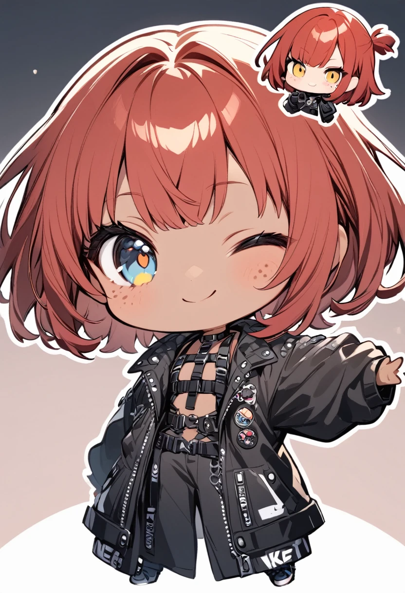 full body,1 girl,(cute:1.3),red Hair, left eye blue, right eye yellow, tan skin, freckles,｛stylish and edgy outfit, body harness, oversized jacket, Glossy, shiny material,chibi emote, chibi character, cute pose
