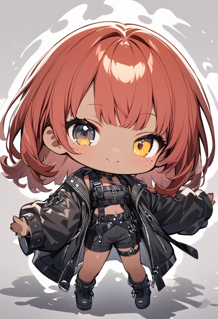 full body,1 girl,(cute:1.3),red Hair, left eye blue, right eye yellow, tan skin, freckles,{stylish and edgy outfit, body harness, oversized jacket, Glossy, shiny material,chibi emote, chibi character, cute pose