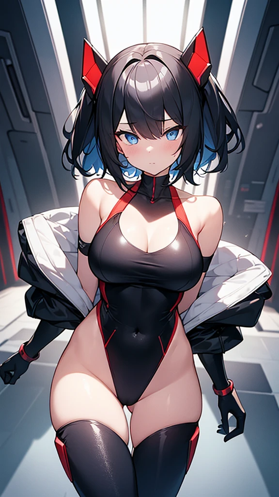 (Highly detailed CG Unity 32k wallpaper,masterpiece, Biological, whole body),(Best lighting, Best Shadow, Very delicate and beautiful),(High School Girl and Unidentified Creatures),blue eyes, Big Breasts,Bouncing chest, Black Hair,Bobcut,Red and black and White off-the-shoulder revealing high-cut SF bodysuit,One-piece swimsuit-style clothing,Clothes that emphasize the chest,Neck Seal,High-tech sci-fi corridor, Dynamic pose, Detailed Machinery, Sleek design.,My crotch is wet, {{The unidentified creature had no reproductive organs, so it preyed on the high school girls on the spaceship and disguised itself as a woman.、High school girls are candidates、An unidentified creature that's bigger than a high school girl's chest}}, The high school girl became a skeleton, Unknown sensation, Feels good, Vigorous movement, more, instinct, Female fall, Bouncing chest, loose, loose, Next to a real girl skeleton, locker room, NSFW