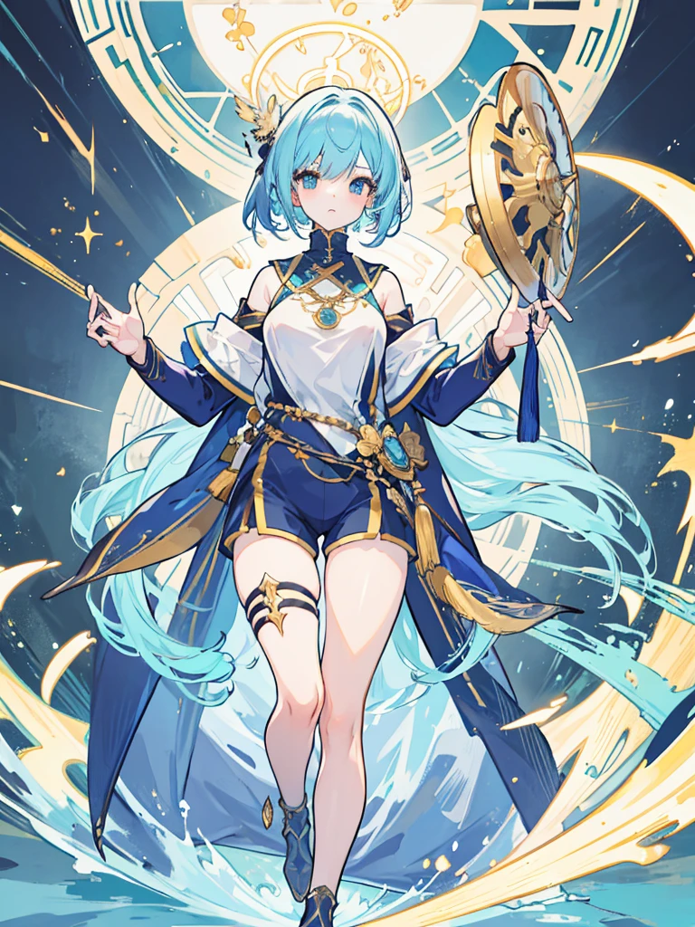Priest (DQ3\), Orange Bodysuit, Long Hair, One Girl, Solo, Breasts, View Audience,, Red Eyes, Leaning Eyes,Gloves, Hat, Blue Hair, Aqua Hair, Bodysuit, Staff, Tabard, Crossprint, Mitre, (Forest, Blue Sky:1.1)