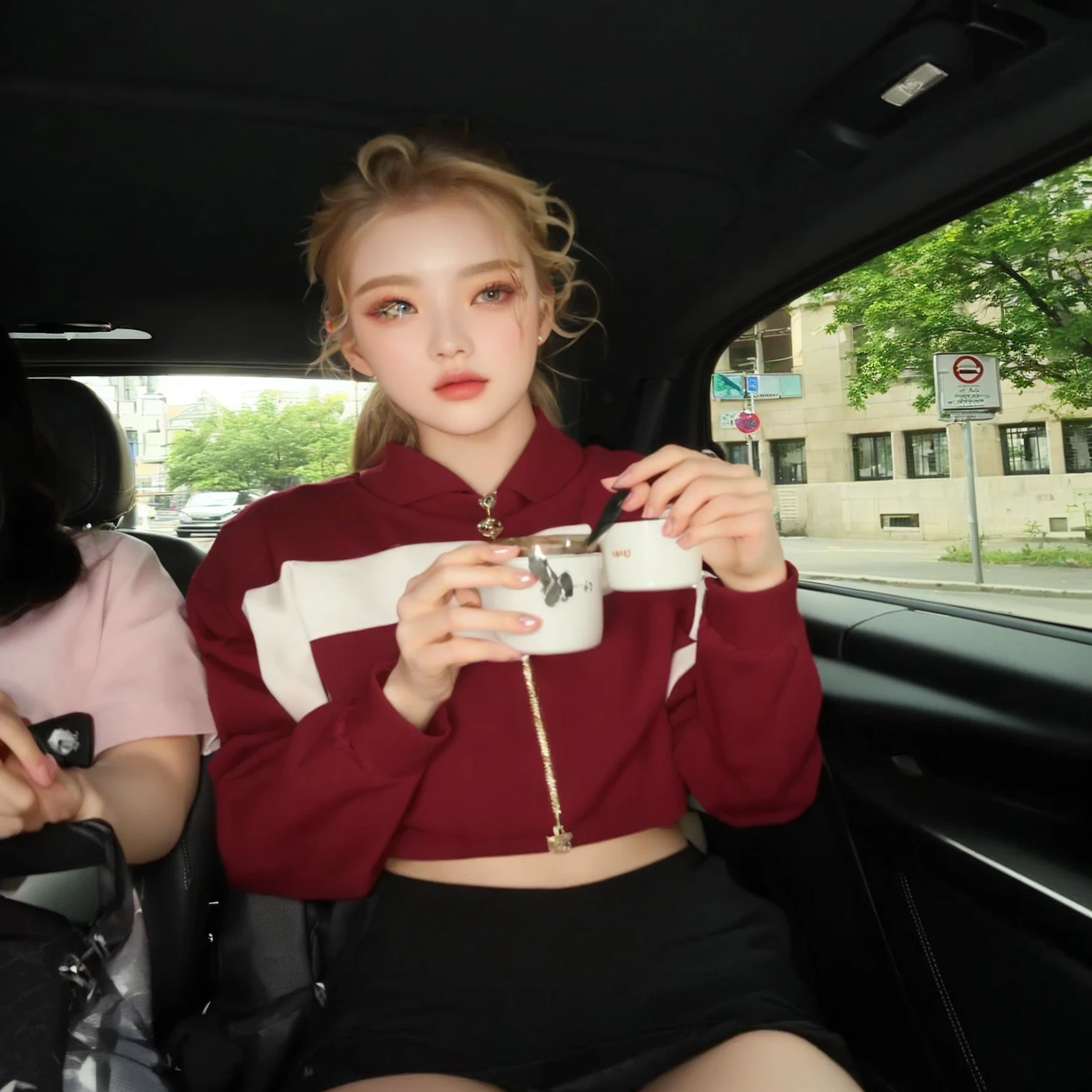there is a woman sitting in a car holding a cup, roseanne park de Blackpink, roseanne park by blackpink, ellie bamber, hada ellie bamber, Physicist : the smallest abdomen ever seen, Sidney Sweeney, She wears street clothes, sitting in her car, park roseanne, beautiful lady, shaxi, rose pink black, has pearls on the lower eyelids, Pretty Woman