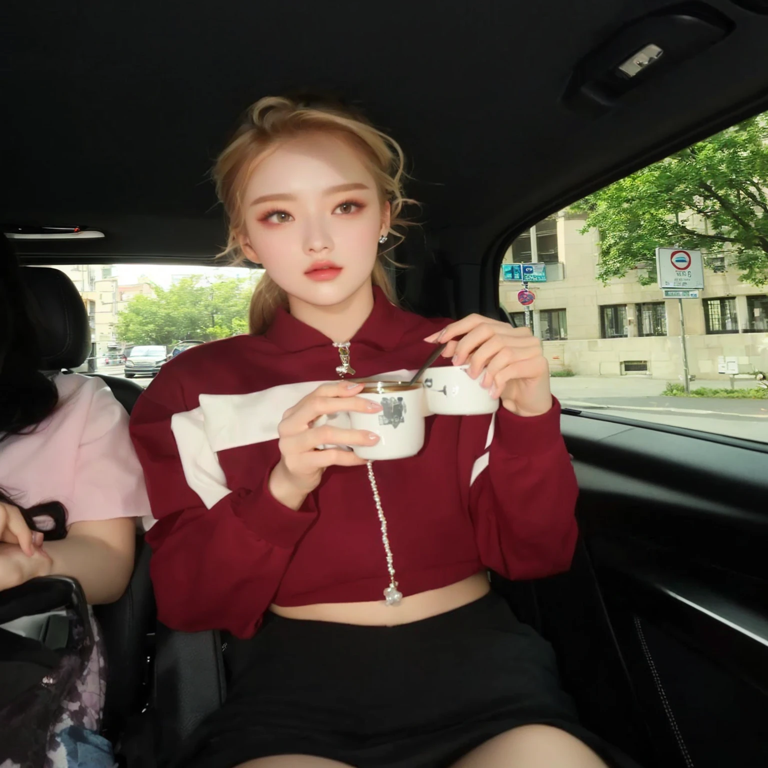 there is a woman sitting in a car holding a cup, roseanne park de Blackpink, roseanne park by blackpink, ellie bamber, hada ellie bamber, Physicist : the smallest abdomen ever seen, Sidney Sweeney, She wears street clothes, sitting in her car, park roseanne, beautiful lady, shaxi, rose pink black, has pearls on the lower eyelids, Pretty Woman