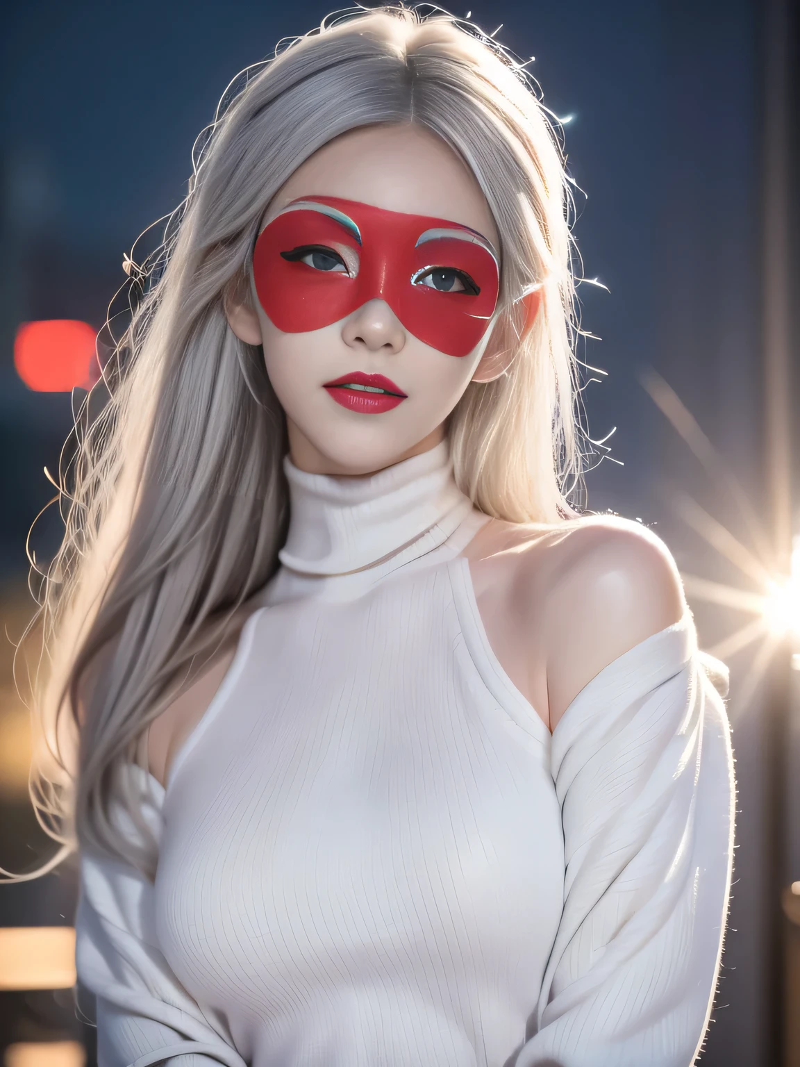 1 Girl, (Solitary), Anime girl with white hair and red eyes, White hair girl, girl in white turtleneck sweater, ((Eye mask)), Pointed ears, ((vampire)), giggle, smug, Shut up, Cowboy shooting, Perfect white-haired girl, White-haired deity, Digital Cyberpunk Anime Art, turtleneck sweater, lens flare, ((Dramatic Lighting)), Soft and shiny red eyes, Extremely detailed, masterpiece, Looking at the audience, City background, (night)