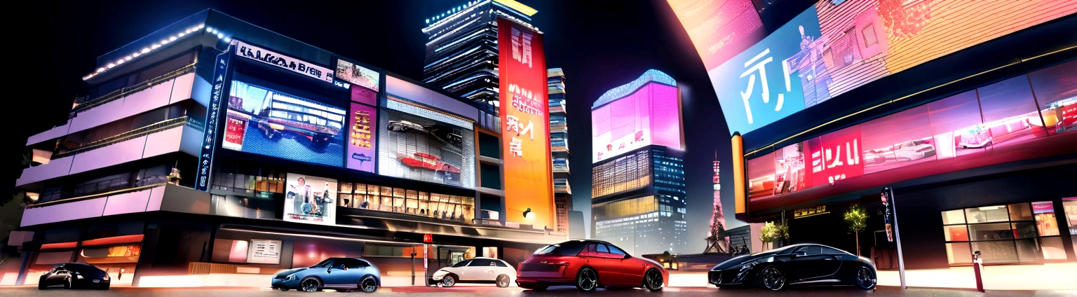 A Japanese city with modern style with several mirrored buildings with vibrant lighting and many twinkling lights on the realistic ultra HD signs style beautiful picture set wallpaper and realistic buildings with gleaming car signs black background
