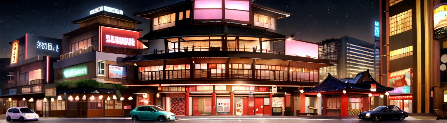 A Japanese city with modern style with several mirrored buildings with vibrant lighting and many twinkling lights on the realistic ultra HD signs style beautiful picture set wallpaper and realistic buildings with gleaming car signs black background