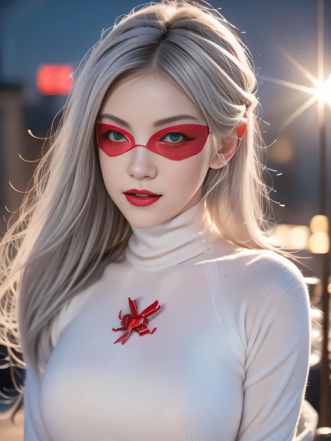 1 Girl, (Solitary), Anime girl with white hair and red eyes, White hair girl, girl in white turtleneck sweater, ((Eye mask)), Pointed ears, ((vampire)), giggle, smug, Shut up, Cowboy shooting, Perfect white-haired girl, White-haired deity, Digital Cyberpunk Anime Art, turtleneck sweater, lens flare, ((Dramatic Lighting)), Soft and shiny red eyes, Extremely detailed, masterpiece, Looking at the audience, City background, (night)