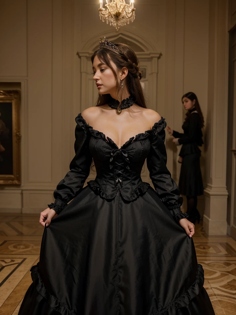 highest quality, masterpiece, Highest Resolution, artwork, super それにGet used to it, many Get used to it, Get used to it, それにGet used to it,, woman,cute womans,(()),((All 25 year old woman)),woman are princesses,Everybody has a tiara on their head,((Everything has volume,She is wearing a black Victorian ball gown dress and a full-length hoop skirt。)),The dress is round and puffy,(Ruffled long sleeves),((A long dress that reaches the floor)),A dress with lots of frills and ribbons..,((Frilled yoke collar)),luxury,Inside the palace,Soft and smooth silk satin dress,They're kissing.,Lesbian,one woman Kissing the neck of the other