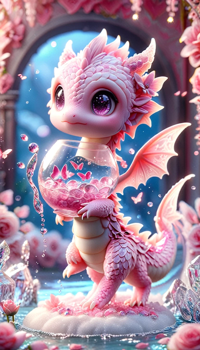 Ultra detailed, HDR, Highres, absurdres, master piece, Pink dragon, expressive pink eyes, small dragon, glass, pink glittering butterflies, pink ice, petals, pink ice glass roses, cute, glittering, water, fantasy, magical